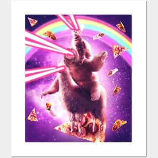 Laser Eyes Space Cat Riding Sloth, Llama - Rainbow Posters and Art